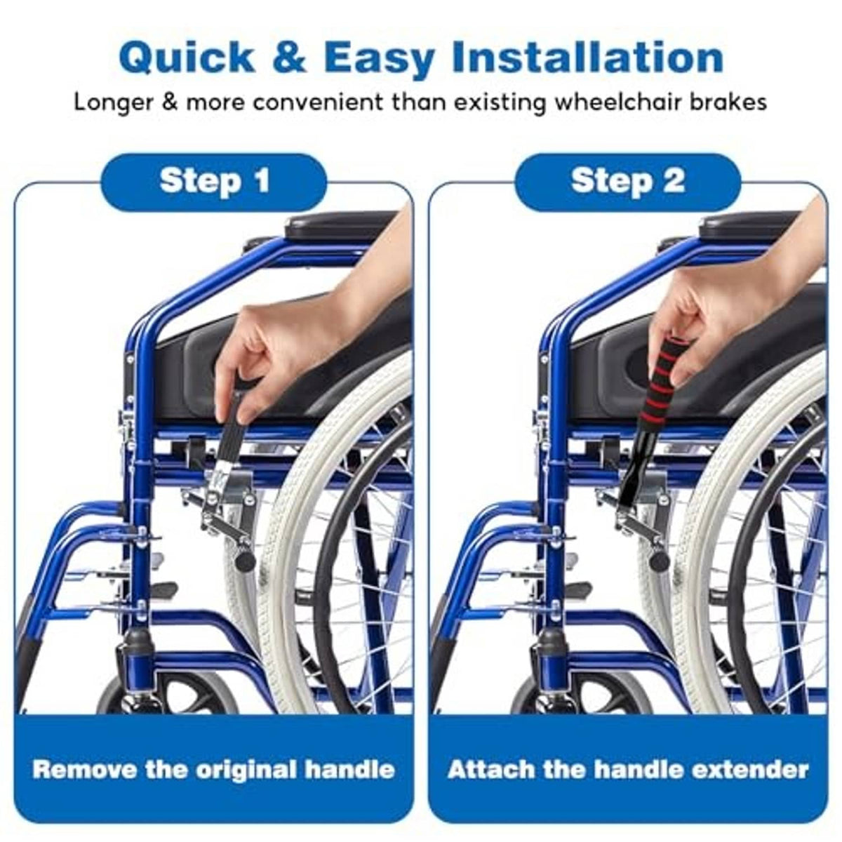 Wheelchair brake extension being attached: black tube with red anti-slip bands