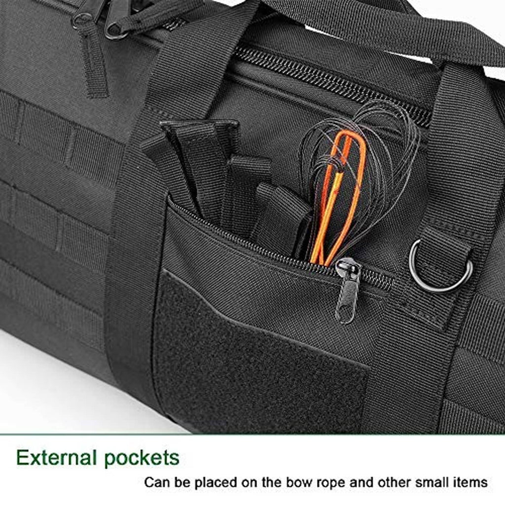 Black side external zip pocket with D-ring hardware on tactical bow case