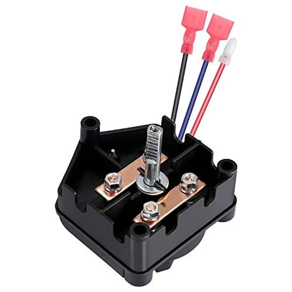 Forward and reverse switch assembly close-up with black housing and metal terminals