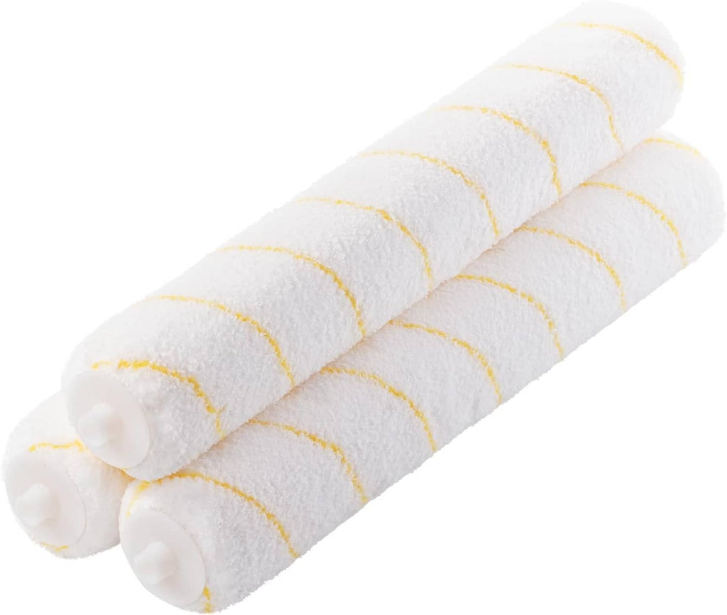 Microfiber paint roller cover close-up, white nap with yellow stripe banding, end caps visible