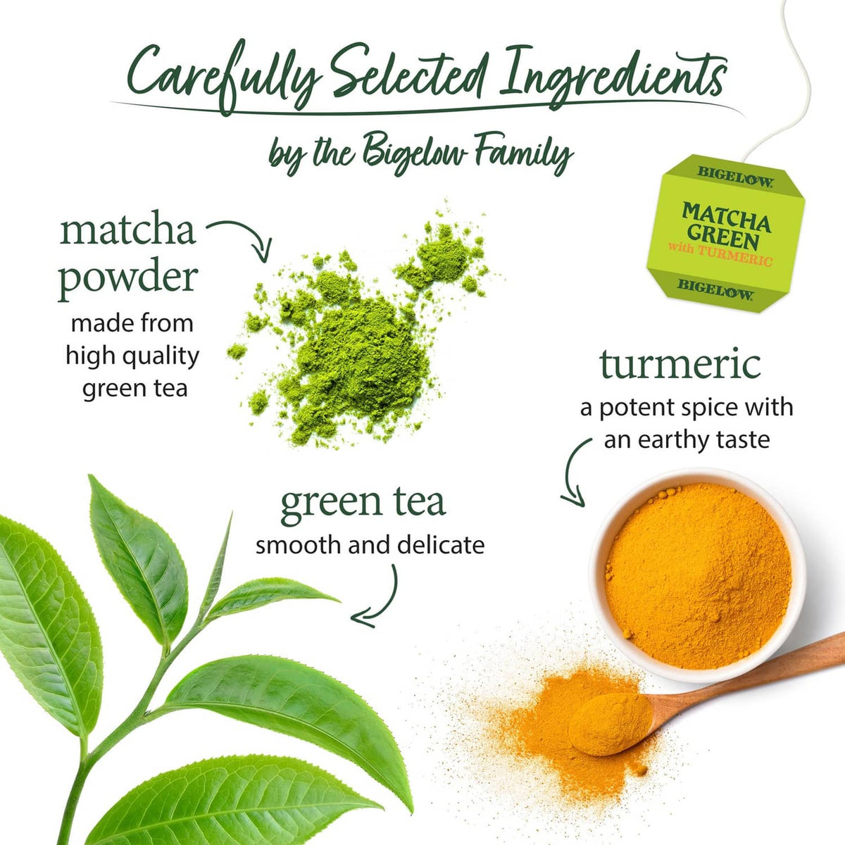 Matcha green, turmeric, and green tea ingredient illustration on product packaging