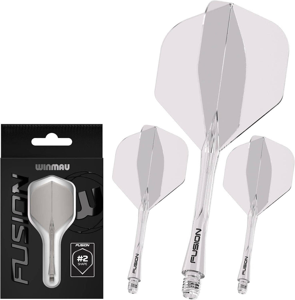 Lightweight dart set with 3 clear white flights and shafts, shown with retail box