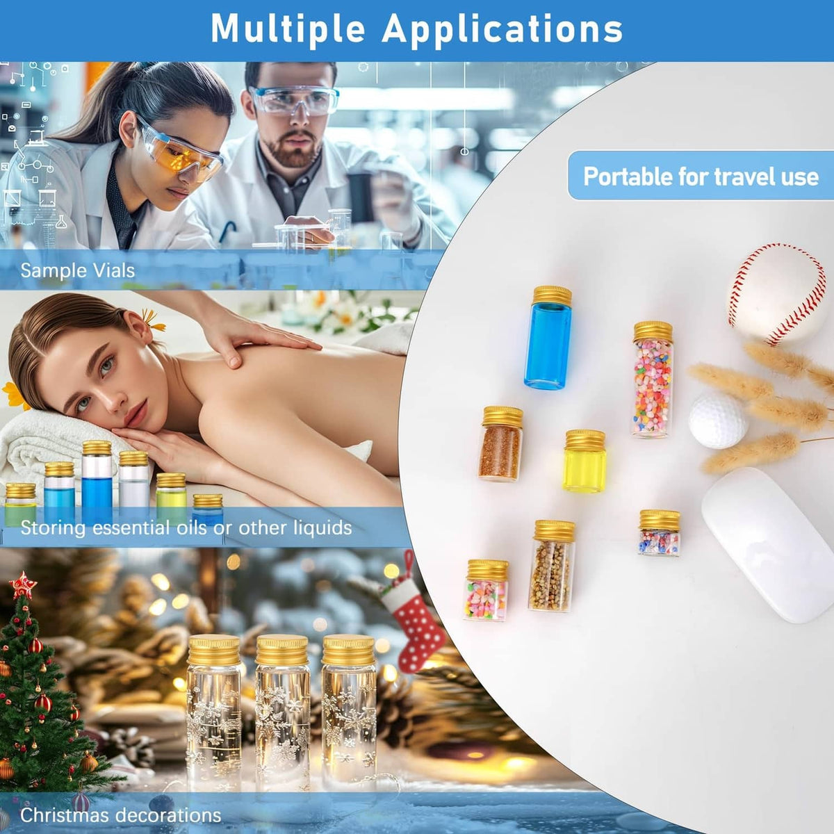 Assorted mini clear glass vials with gold caps, travel-ready sample bottles