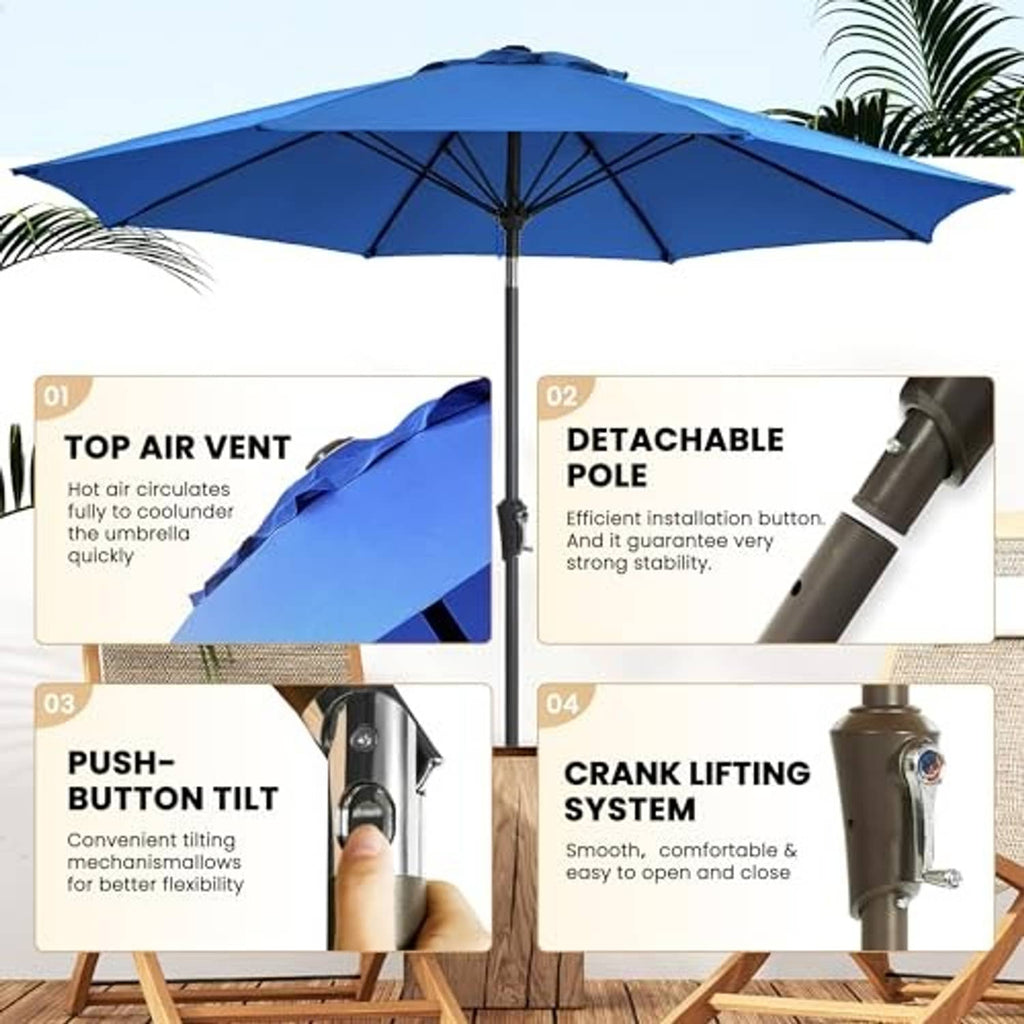 Blue patio umbrella open canopy with tilt crank mechanism on pole