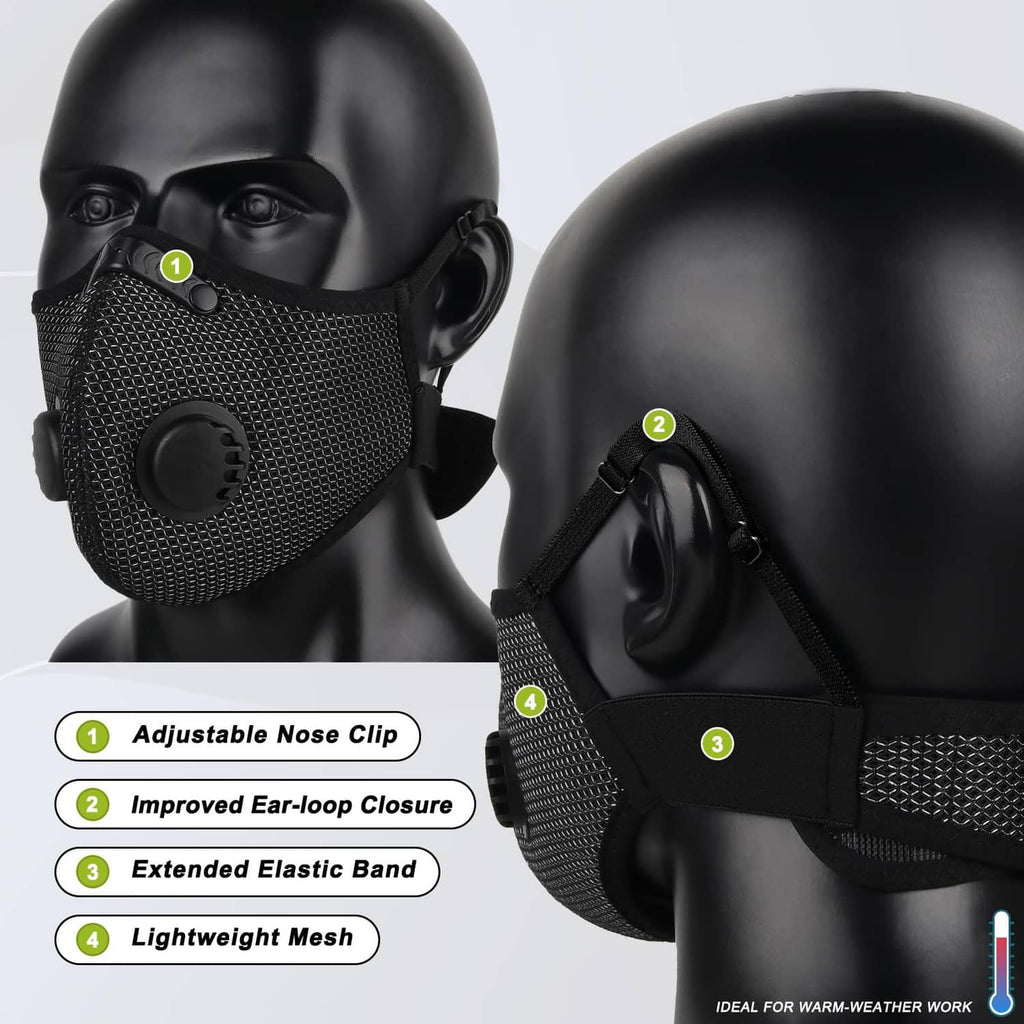 Black mesh dust mask with adjustable nose clip, extended elastic band, and valve