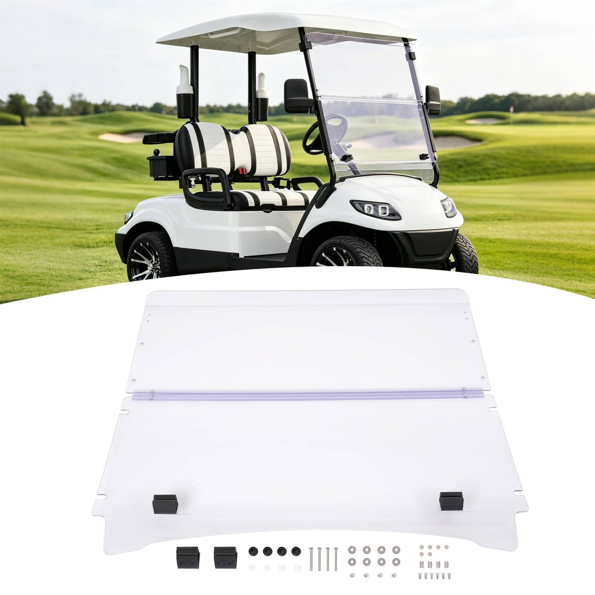 Folding clear windshield windscreen panel for golf cart, with mounting blocks and frame
