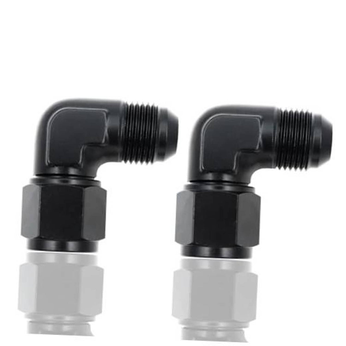 Pair of 90° black AN swivel elbow fittings with external threaded ends