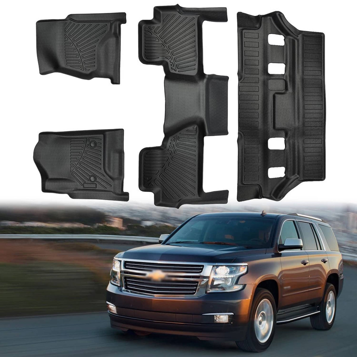 Black floor mat liner set with raised tread panels and rectangular cutouts