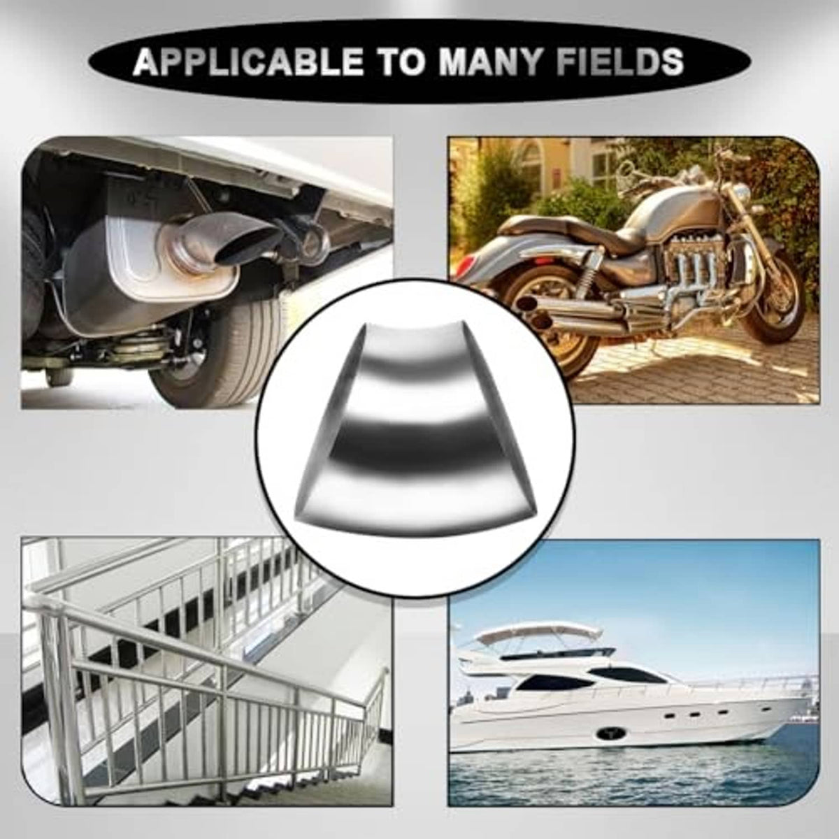 45-degree stainless steel exhaust elbow, centered display, brushed silver