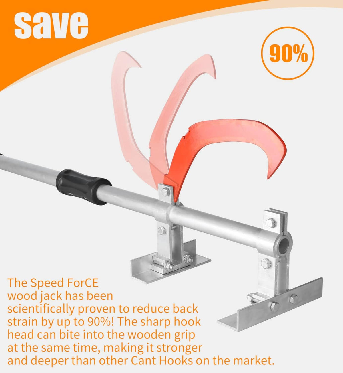 Wood jack with red arch clamp hooks and silver base, black handle on long beam