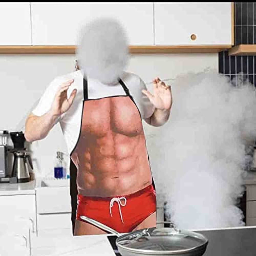 Chef wearing novelty bib apron with red shorts torso print and black side panels