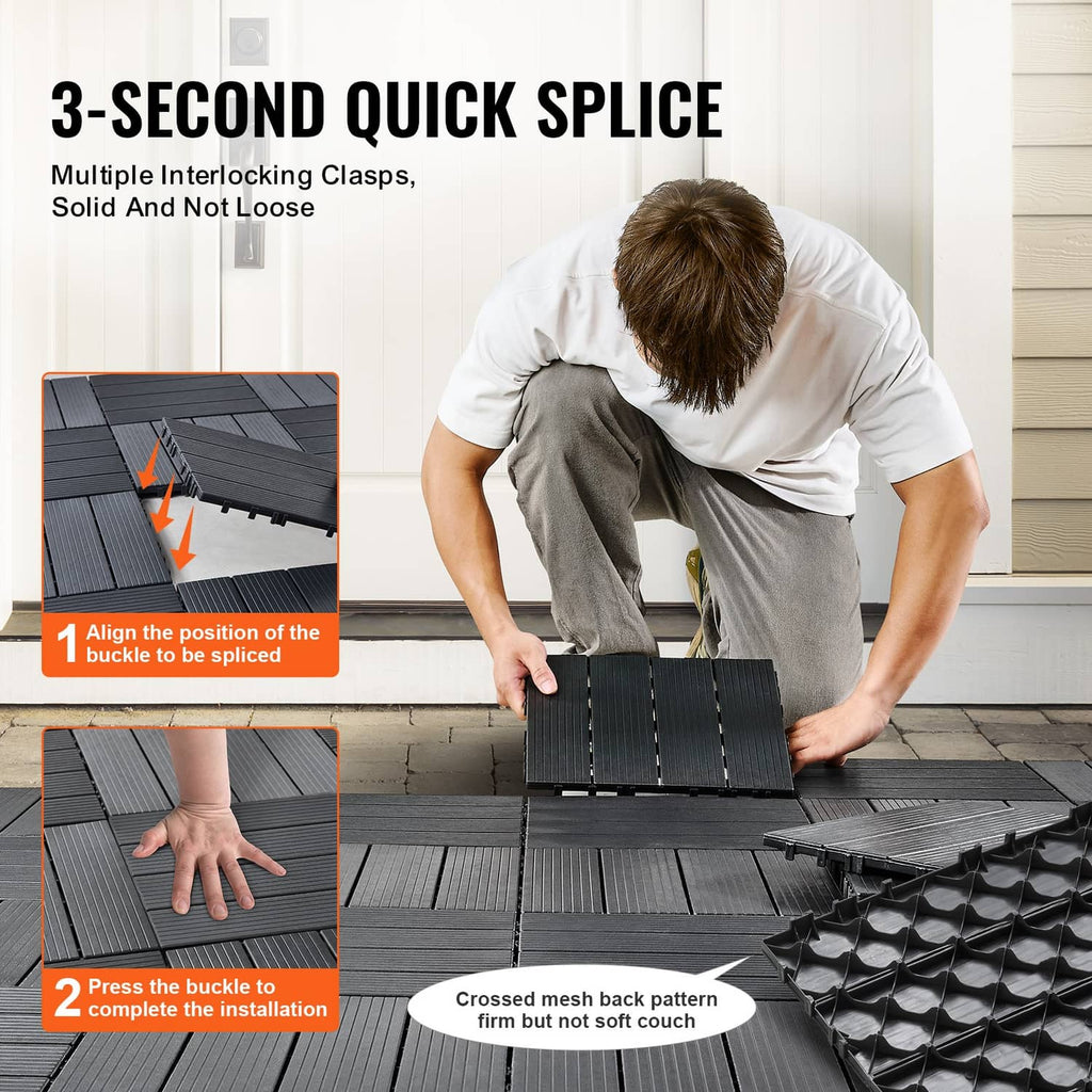 Dark grey interlocking deck tiles with clasp buckles for quick splice connection