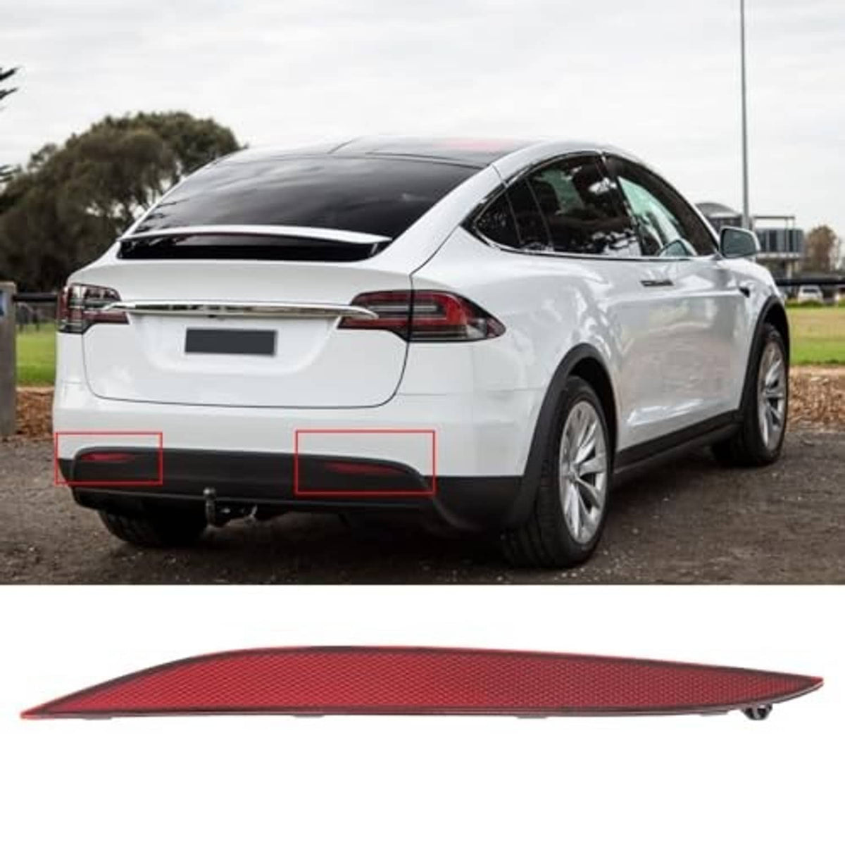 Red reflective rear bumper strip for vehicle, shown with a dark base and mounting tabs.