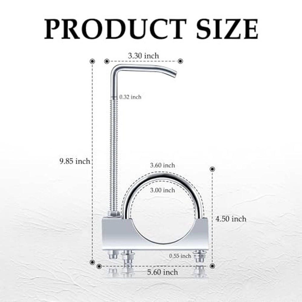 3-inch exhaust hanger clamp size diagram with curved bracket and coiled rod measurements