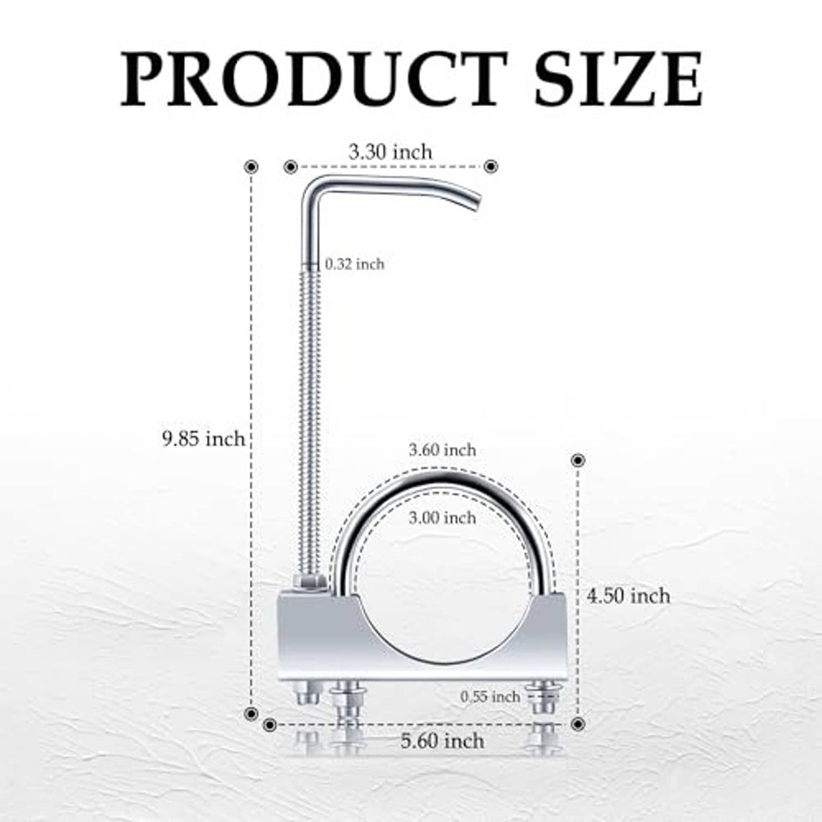 3-inch exhaust hanger clamp size diagram with curved bracket and coiled rod measurements