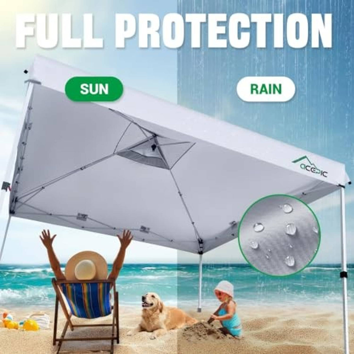 White pop-up canopy top replacement covering a beach table set
