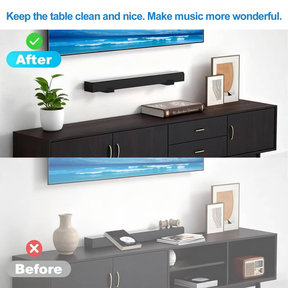 Black soundbar wall mount bracket installed on wall