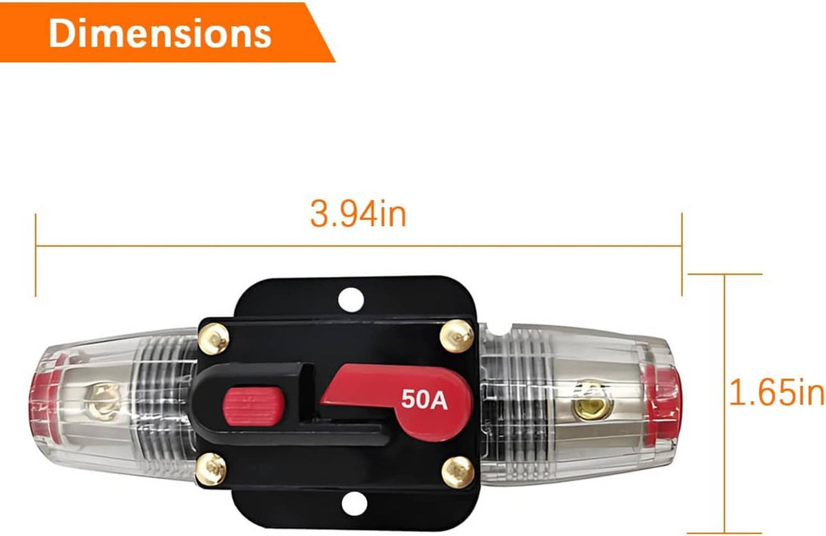 Inline resettable circuit breaker with clear body, black plate, red 50A marking and studs