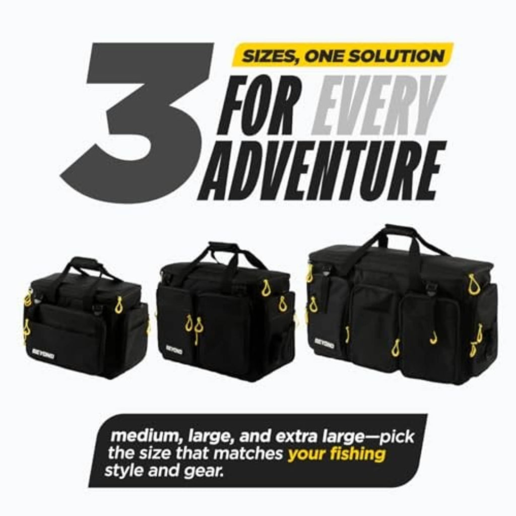 Set of three black tackle bags of different sizes with yellow cord pulls and handles.
