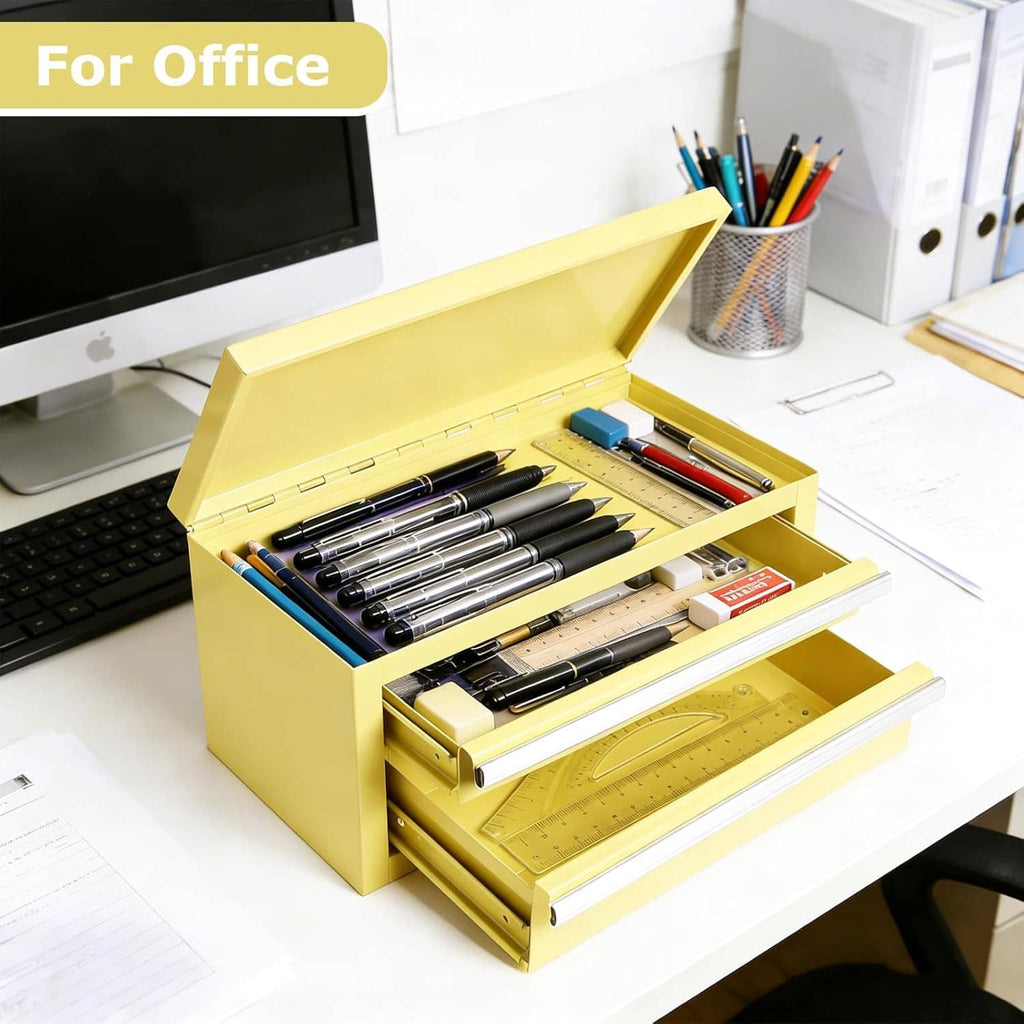 Yellow mini steel tool chest open with organizer drawers holding pens and supplies