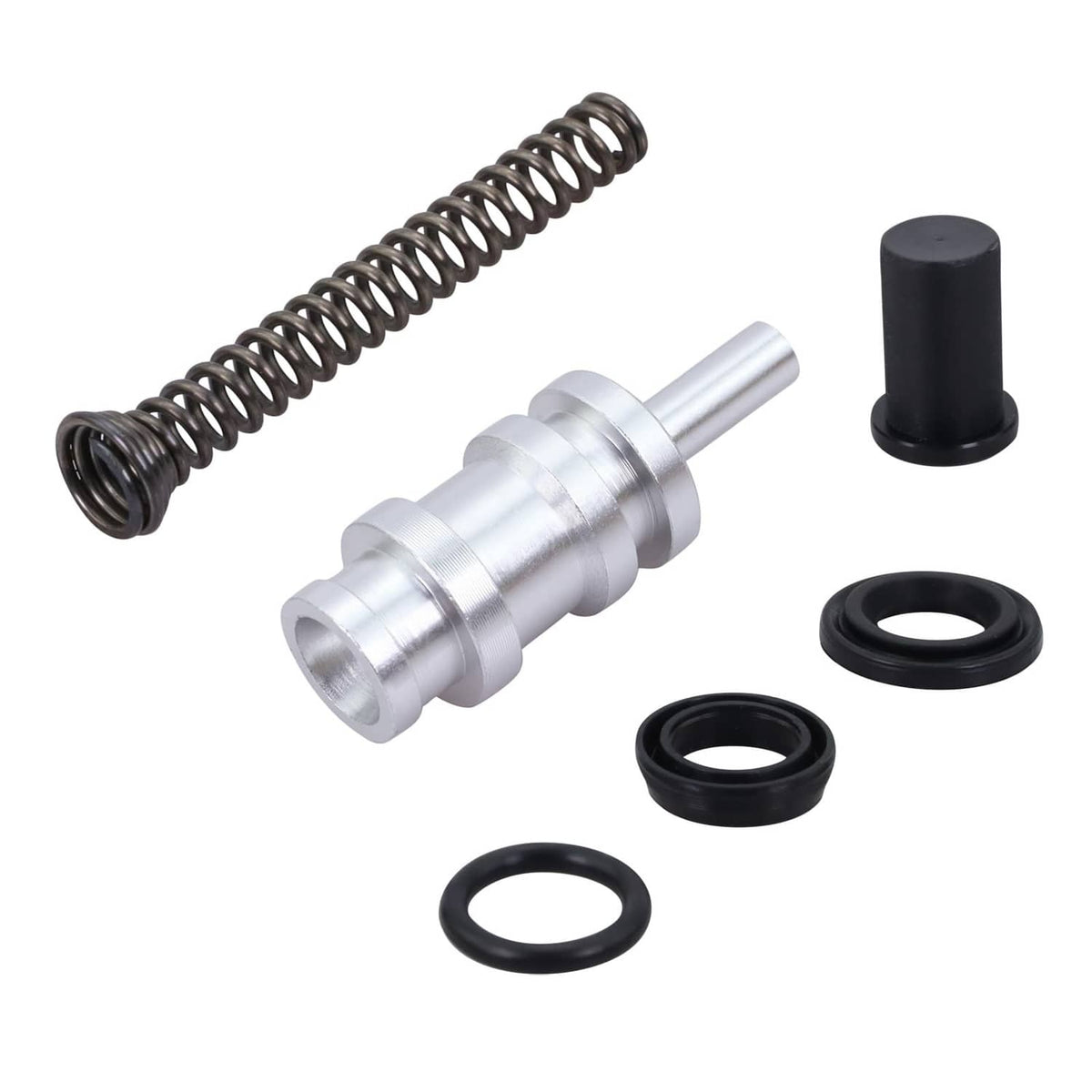 Front brake master cylinder rebuild kit parts: piston, spring, and rubber seals