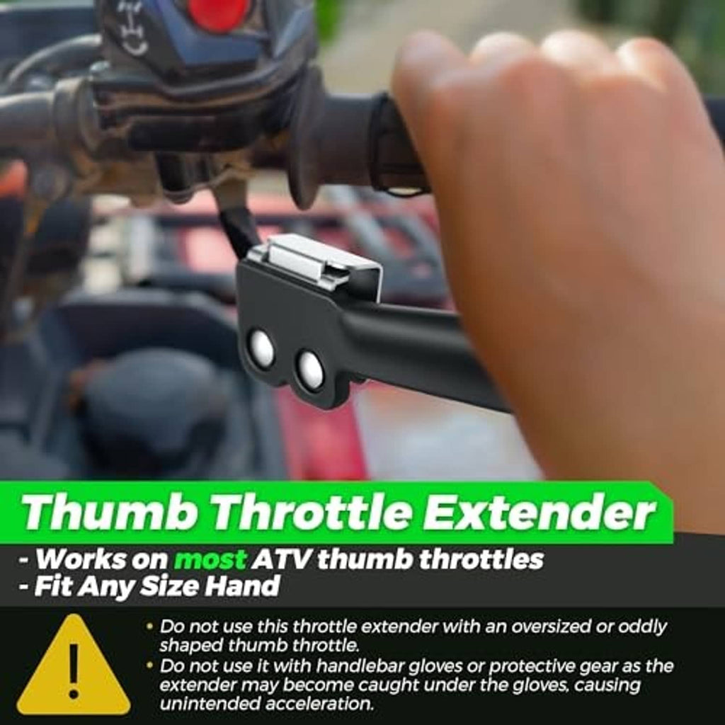 Black thumb throttle extender mounted on ATV handle, ready for hand operation.