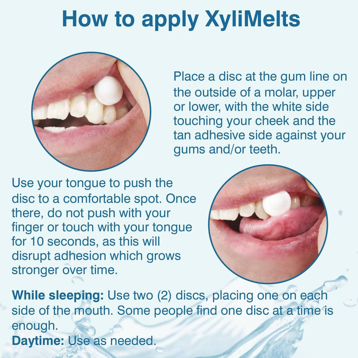XyliMelts dry mouth application guide showing discs placed along gum line