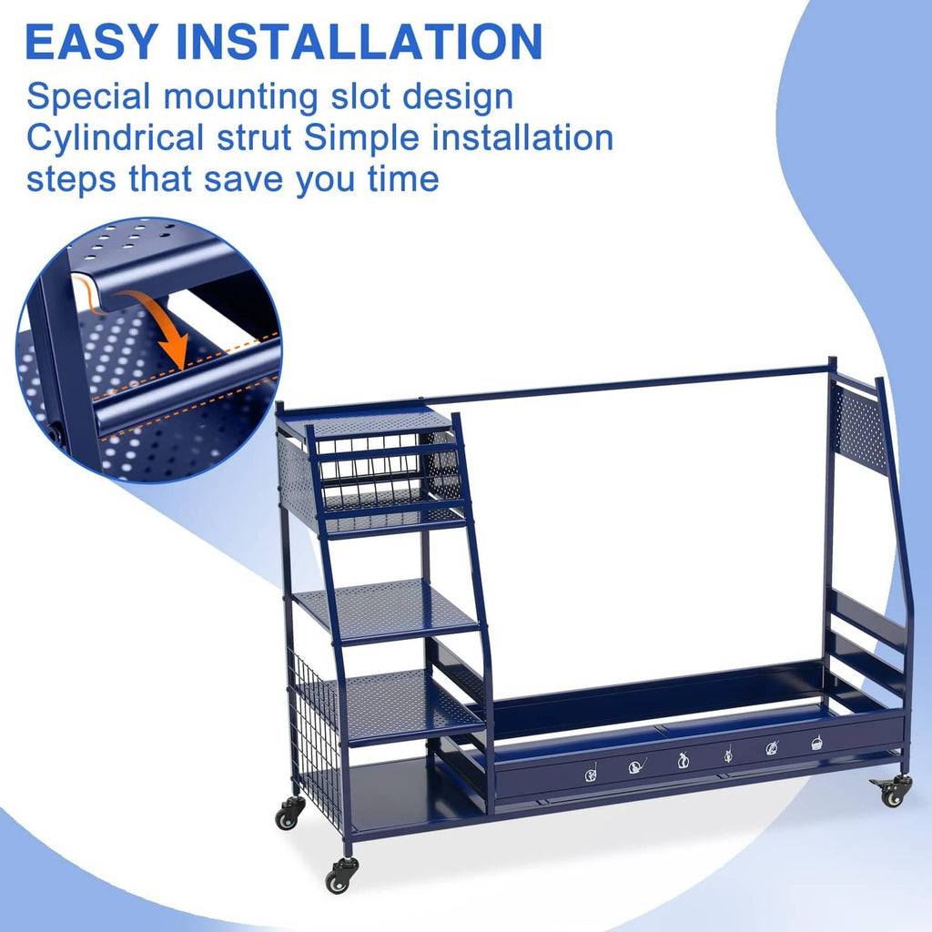 Blue golf bag storage rack with tall net shelves and wheeled base