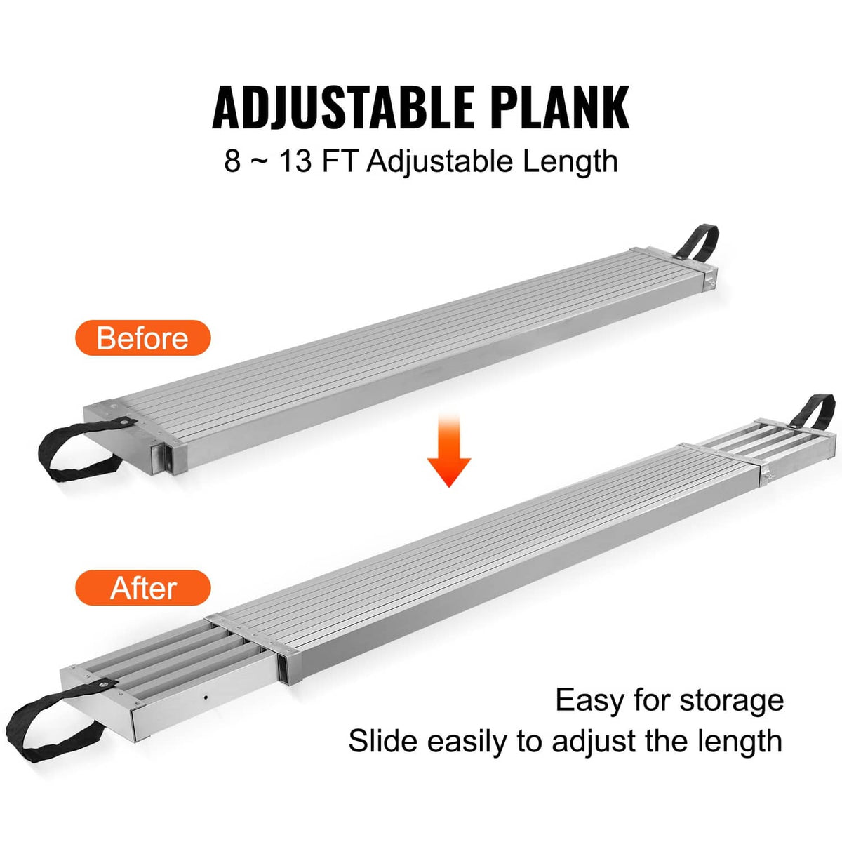 Adjustable aluminum scaffold plank with black end straps for changing length