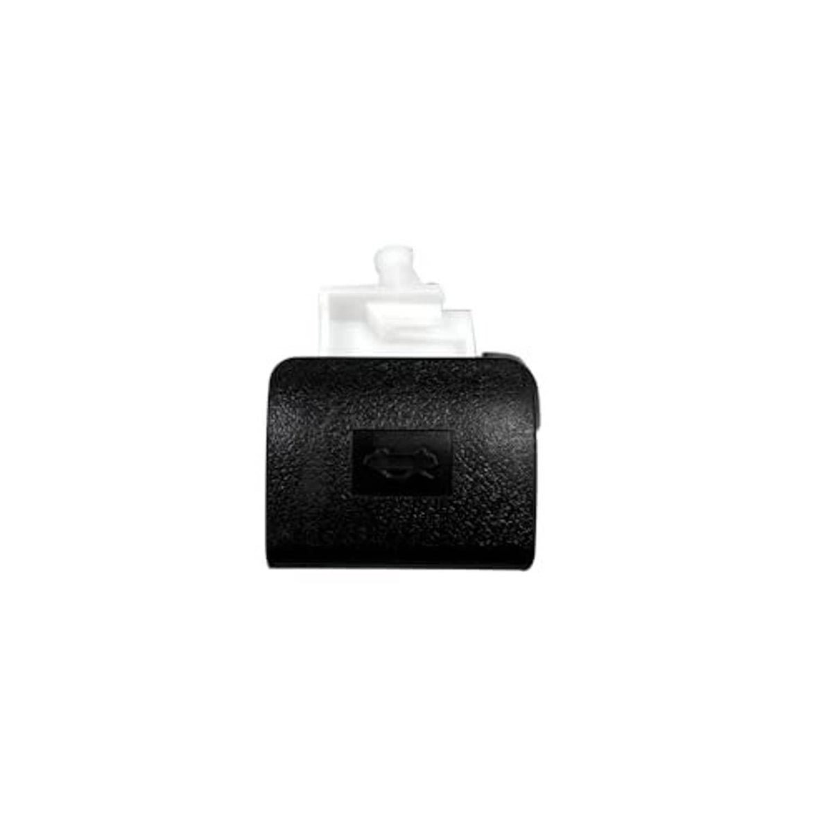 Black and white hood release latch handle, front view