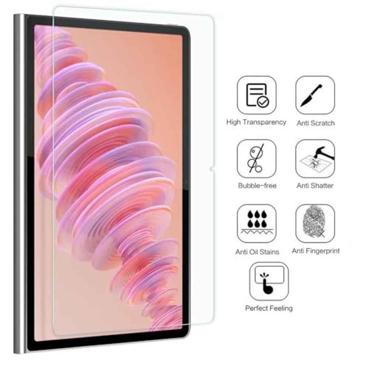 Clear tempered glass tablet screen protector with high transparency and anti-scratch icons