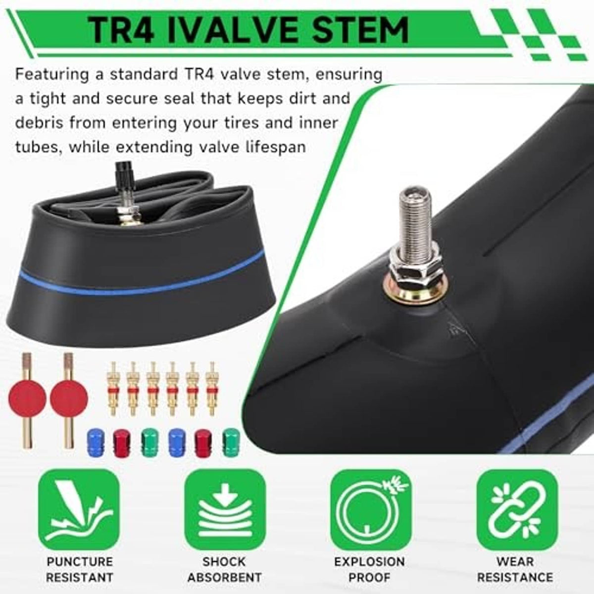 Black inner tube with TR4-style valve stem and blue stripe