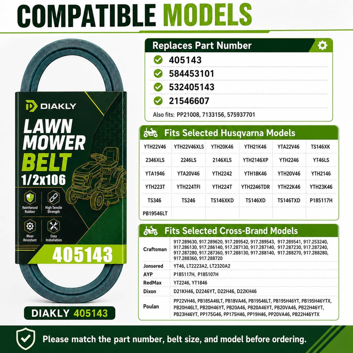 Dark green deck belt retail package showing compatible models list and 405143