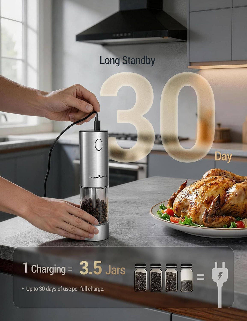 Stainless THERMOMAVEN electric salt and pepper grinder resting on a countertop while charging