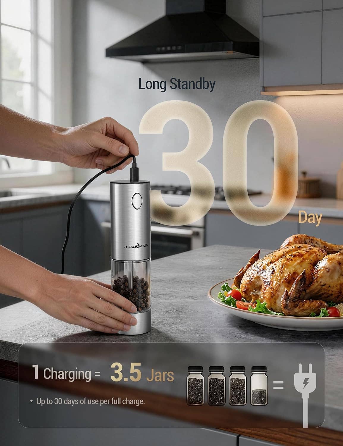 Stainless THERMOMAVEN electric salt and pepper grinder resting on a countertop while charging