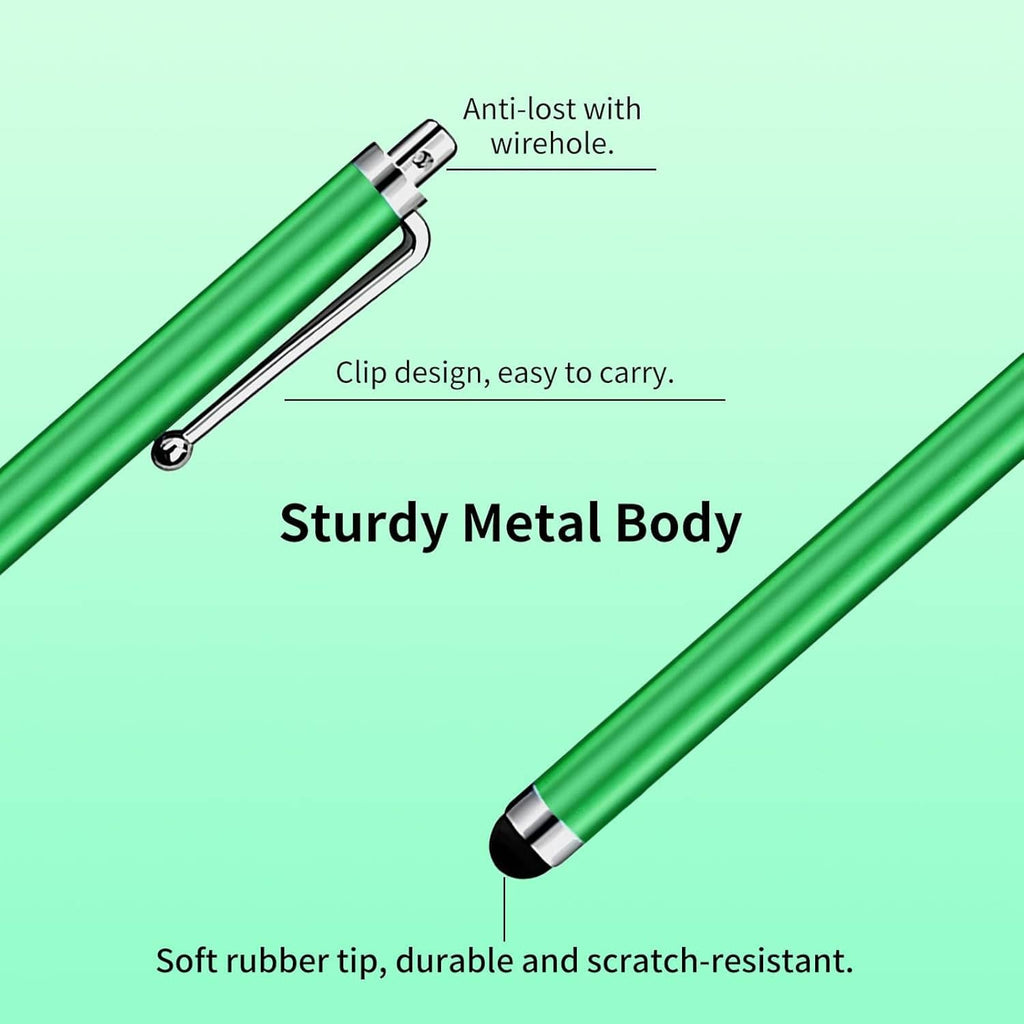 Green metal stylus pen with clip and soft rubber tip for touchscreen