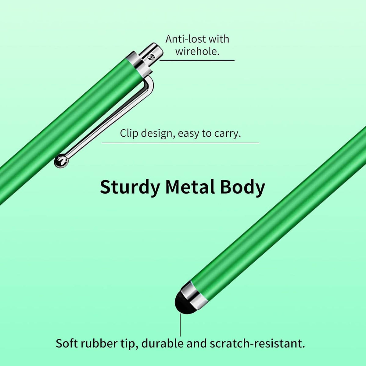 Green metal stylus pen with clip and soft rubber tip for touchscreen
