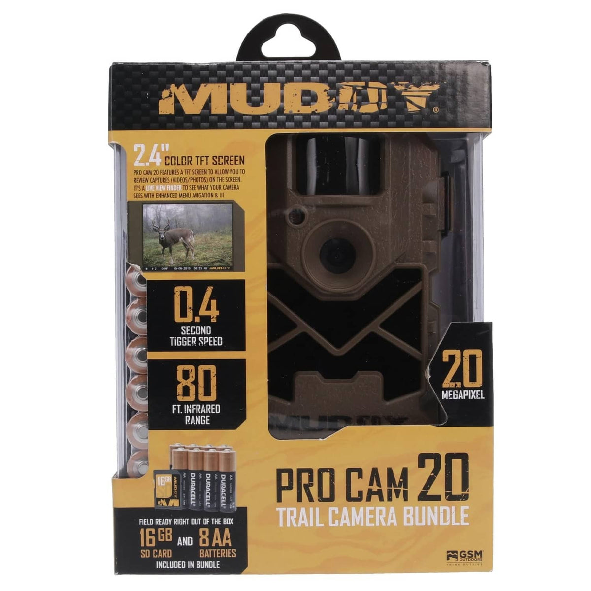 Retail box for trail camera bundle with product image and “20 megapixel” badge.