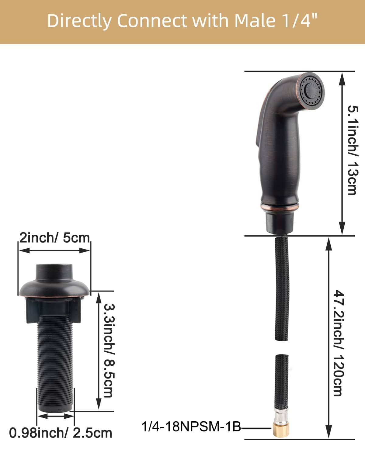 Side sprayer attachment with black spray head and braided hose (size shown)