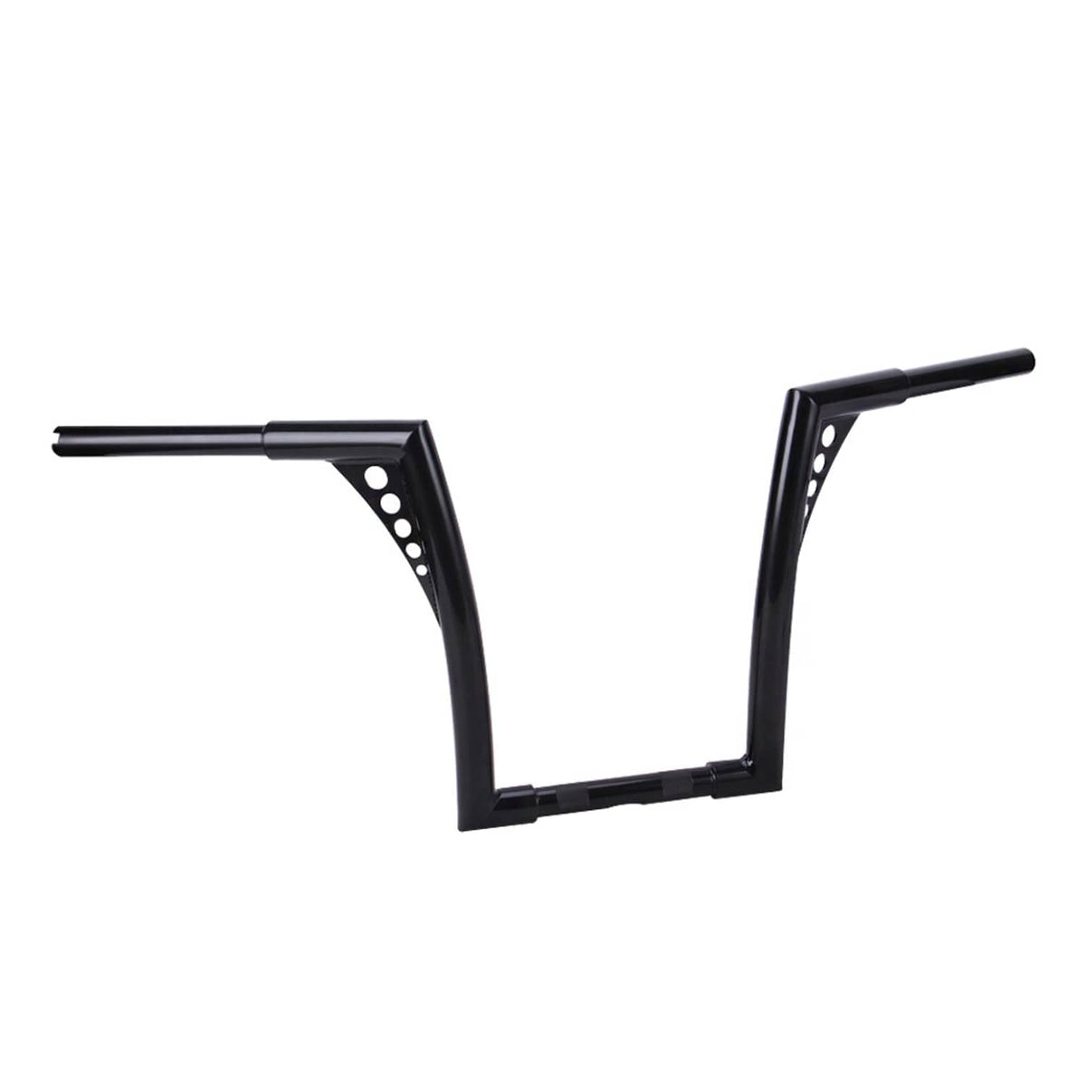 Black ape hanger handlebars with drilled mounting holes and angled high-rise ends, angled view