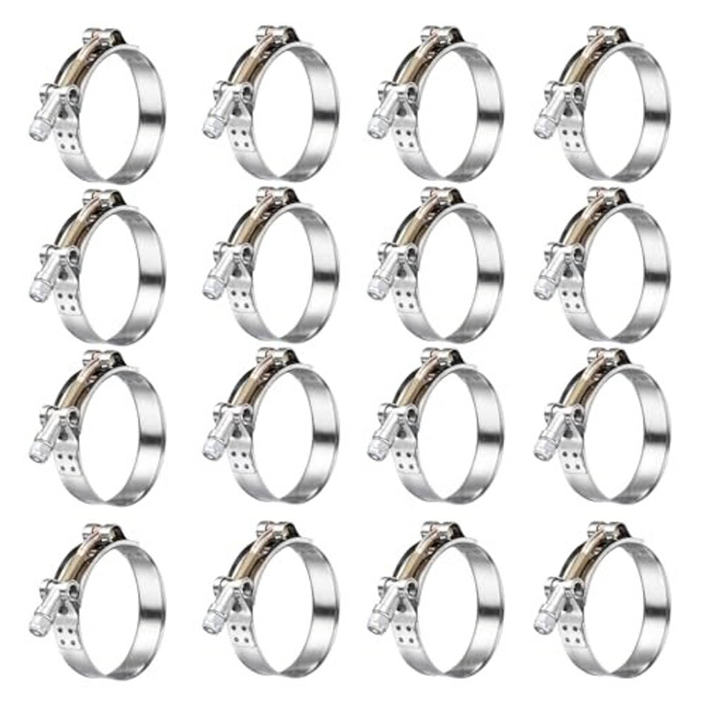 Pack of stainless steel T-bolt hose clamps, 16-piece set, chrome band and screw