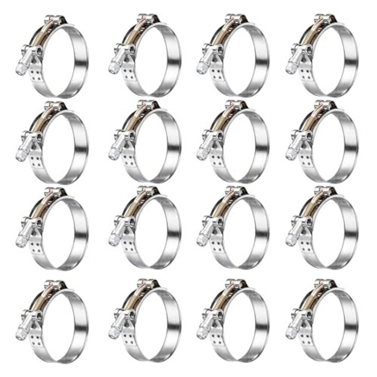 Pack of stainless steel T-bolt hose clamps, 16-piece set, chrome band and screw