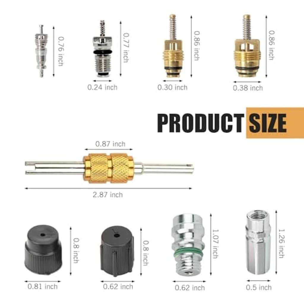 A/C Schrader valve core kit size view with gold tool, valve cores, and threaded parts