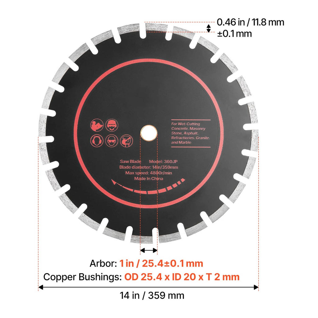 Black diamond blade, 14 in diameter and 1 in arbor; dimension lines on face