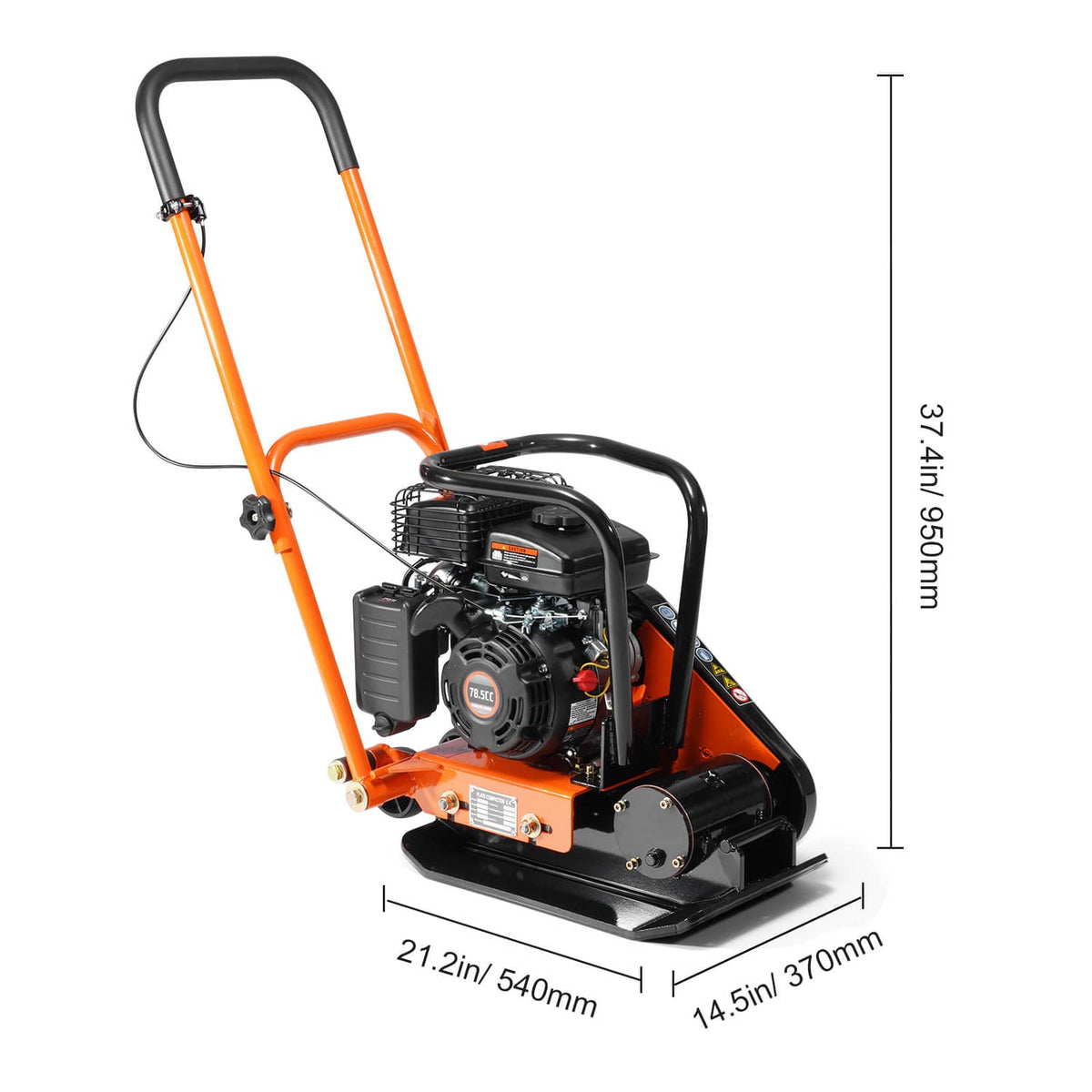 Front view of orange and black plate compactor with handle and vibrating base