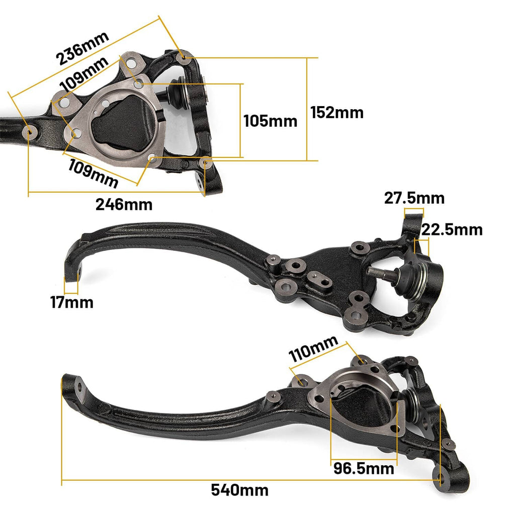 Steering knuckle with control arm and ball joint, labeled dimensions diagram