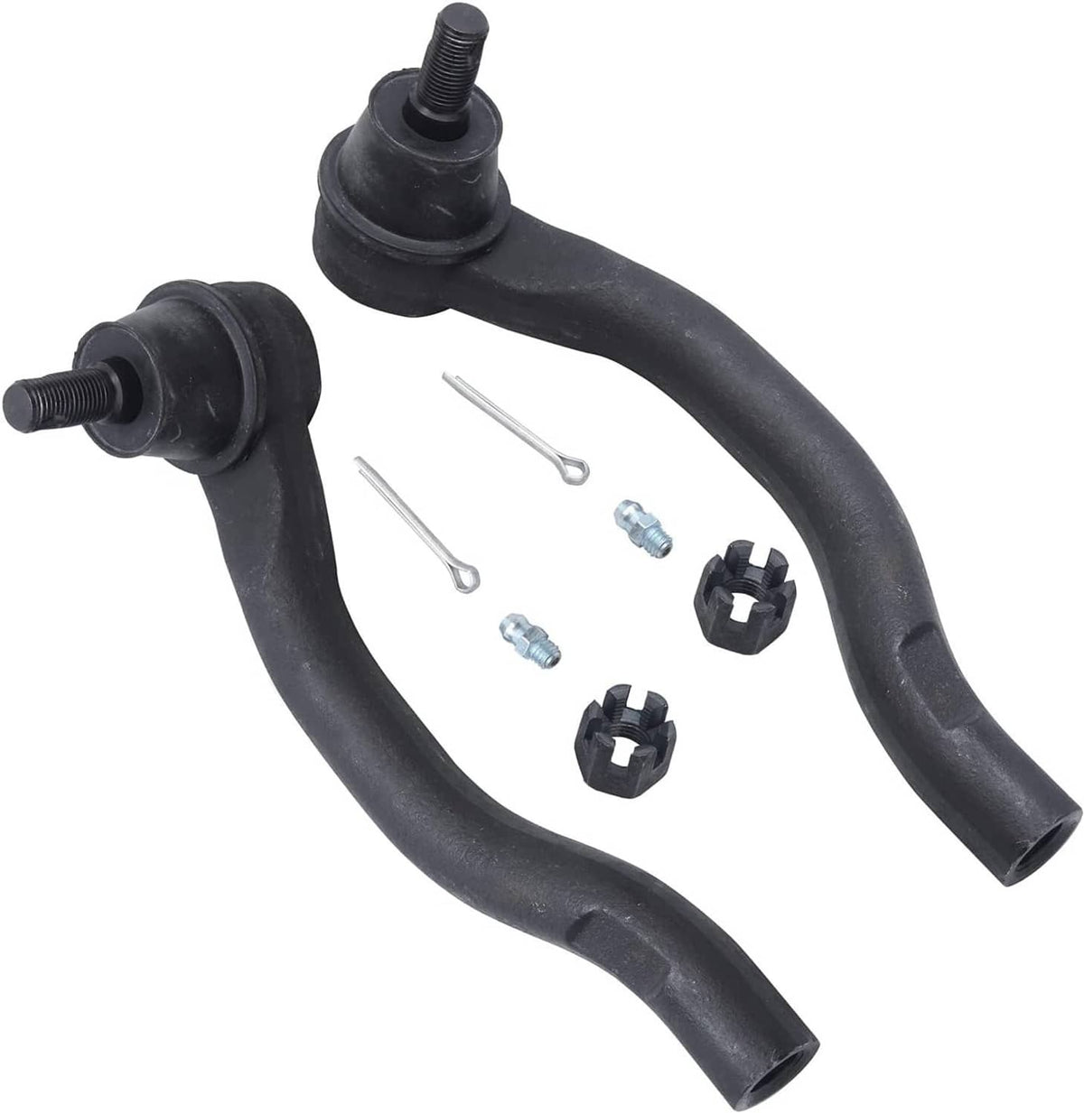 Two black tie rod ends with rubber boots, bolts, and hardware
