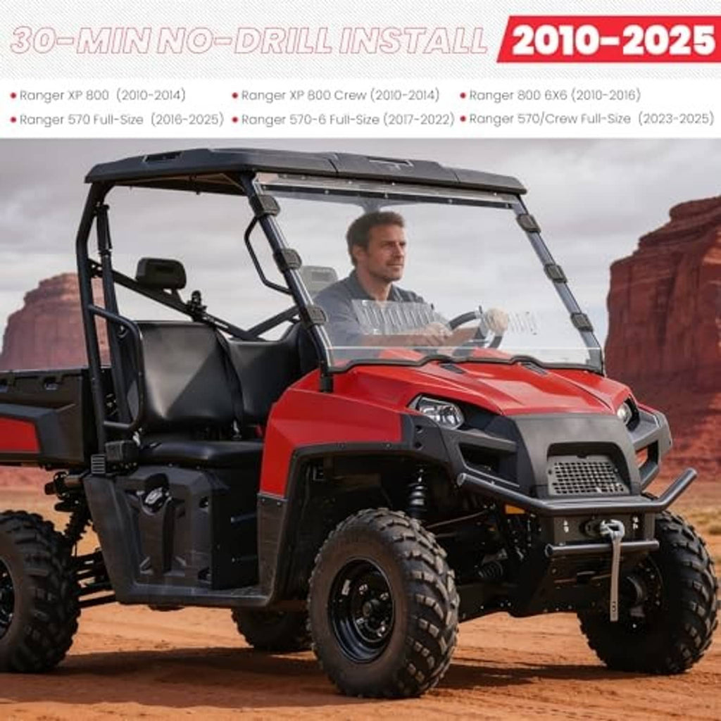 Front UTV windshield with black frame on red all-terrain vehicle
