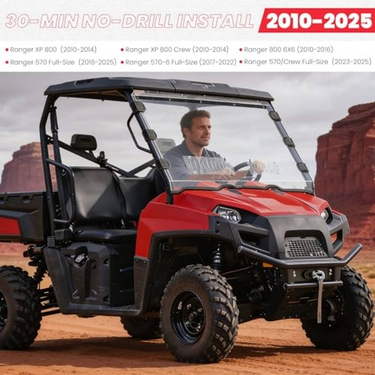 Front UTV windshield with black frame on red all-terrain vehicle