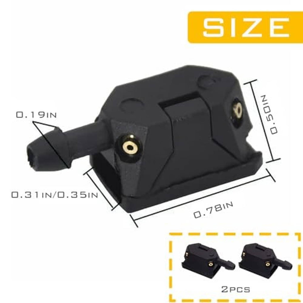 Black front windshield washer nozzle with short spray tube and copper inlet